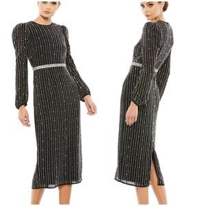 Mac Duggal NWT Jewel Neck Embellished Tea Midi Dress Long Sleeve Size 0 Black